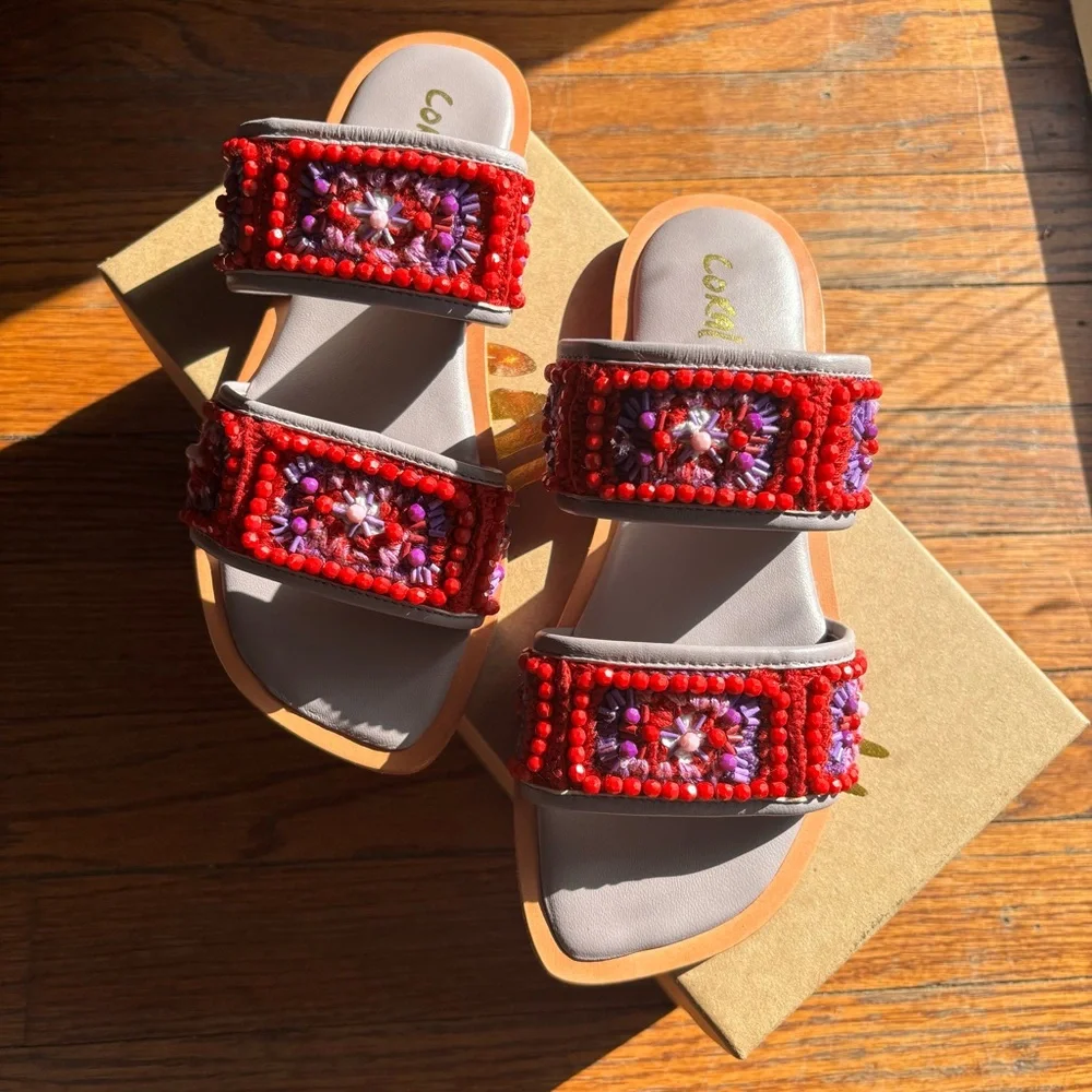 NIB Anthropologie Coral Blue Beaded Granny Sandals sz 37/6, 6.5 Red Purple Slide